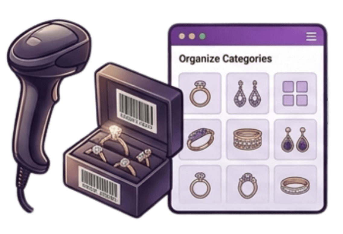 Upload jewellery collections and organize categories.